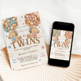 ツインベアーズボーイガールスター&バルーン赤ちゃんシャワー 招待状