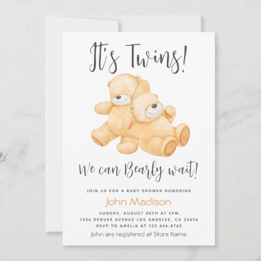 ツインベア私たちは赤ちゃんシャワーを待つことができる 招待状 (正面)