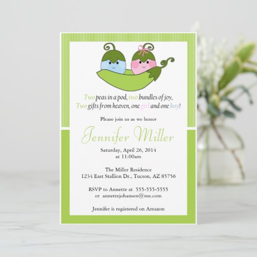 ツインベイビーシャワー招待状、ポッドの2つのエンドウ 招待状 (スタンド正面)