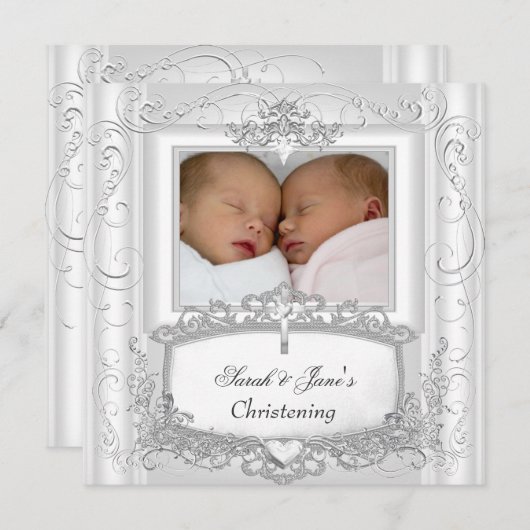 ツインベビーガールまたは少年《キリスト教》洗礼式や命名式バプティスホワイト 招待状 (正面/裏面)