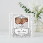 ツインベビーガールまたは少年《キリスト教》洗礼式や命名式バプティスホワイト 招待状 (スタンド正面)