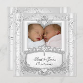 ツインベビーガールまたは少年《キリスト教》洗礼式や命名式バプティスホワイト 案内状 (正面/裏面)