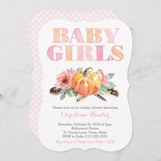 ツインベビーガールズカボチャ無料スピリットベビーシャワー 招待状 (正面/裏面)