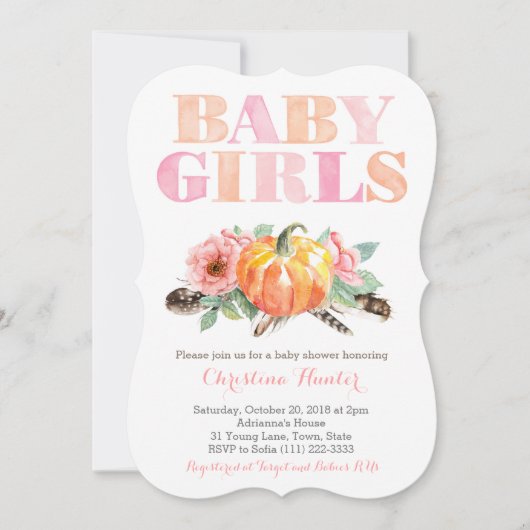 ツインベビーガールズカボチャ無料スピリットベビーシャワー 招待状 (正面)