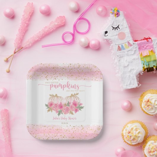 ツインベビーガールズパンプキンピンクの金ゴールドシャワーのお気に入り ペーパープレート (パーティー)