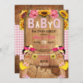 ツインベビーガールズピンクヒマワリベビーQバーベキュー 招待状 (正面/裏面)
