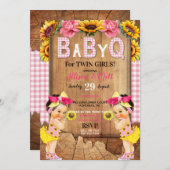 ツインベビーガールズピンクヒマワリベビーQバーベキュー 招待状 (正面/裏面)