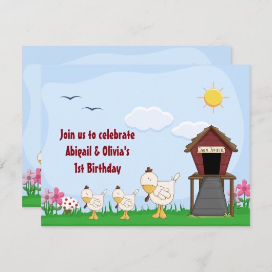 ツインベビーガールチックス1st誕生日招待状 招待状 (正面/裏面)