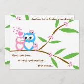 ツインベビーガールフクロウベビーシャワー招待状 招待状 (正面/裏面)