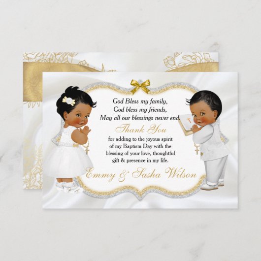 ツインベビーガールボーイバプテスマ金ゴールドクロスサンキューサンキュー サンキューカード (正面/裏面)