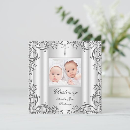 ツインベビーガールボーイ《キリスト教》洗礼式や命名式バプティスホワイト 招待状 (スタンド正面)