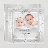 ツインベビーガールボーイ《キリスト教》洗礼式や命名式バプティスホワイト 案内状 (正面/裏面)
