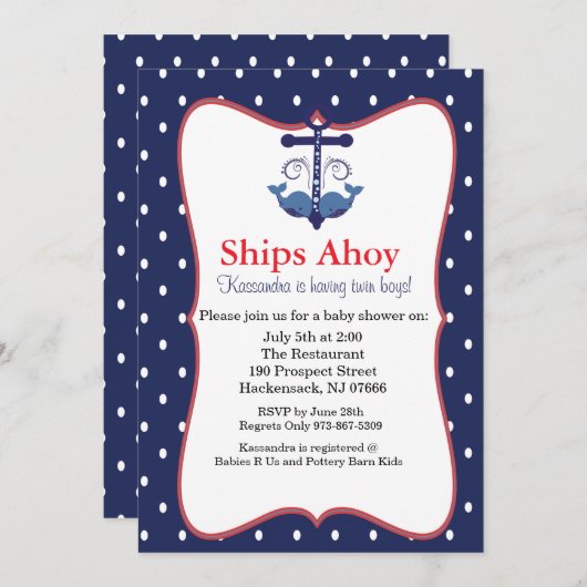 ツインベビーシャワーいかり用鯨付招待状 招待状 (正面/裏面)