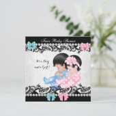 ツインベビーシャワーかわいい女の子ピンクボーイブルー 招待状 (スタンド正面)