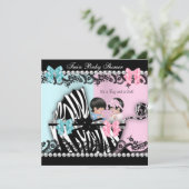 ツインベビーシャワーかわいい女の子ピンク男の子ブルーゼブラ2 招待状 (スタンド正面)