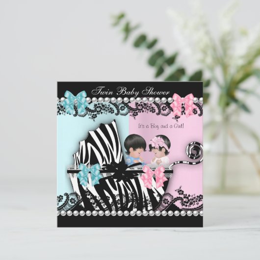 ツインベビーシャワーかわいい女の子ピンク男の子ブルーゼブラ2 招待状 (スタンド正面)