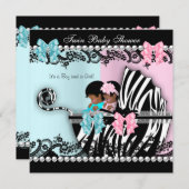 ツインベビーシャワーかわいい女の子ピンク男の子ブルーゼブラ4 招待状 (正面/裏面)