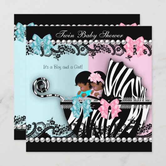 ツインベビーシャワーかわいい女の子ピンク男の子ブルーゼブラ4 招待状 (正面/裏面)