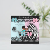 ツインベビーシャワーかわいい女の子ピンク男の子ブルーゼブラ4 招待状 (スタンド正面)