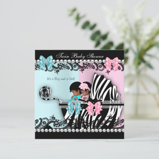 ツインベビーシャワーかわいい女の子ピンク男の子ブルーゼブラ4 招待状 (スタンド正面)