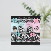 ツインベビーシャワーかわいい女の子ピンク男の子ブルーゼブラ 招待状 (スタンド正面)