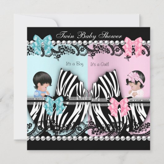 ツインベビーシャワーかわいい女の子ピンク男の子ブルーゼブラ 招待状 (正面)