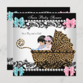 ツインベビーシャワーかわいい女の子ピンク男の子ブルーヒョウ 招待状 (正面/裏面)