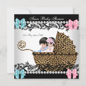 ツインベビーシャワーかわいい女の子ピンク男の子ブルーヒョウ 招待状 (正面)