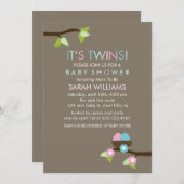 ツインベビーシャワーの鳥の巣と花 招待状 (正面/裏面)