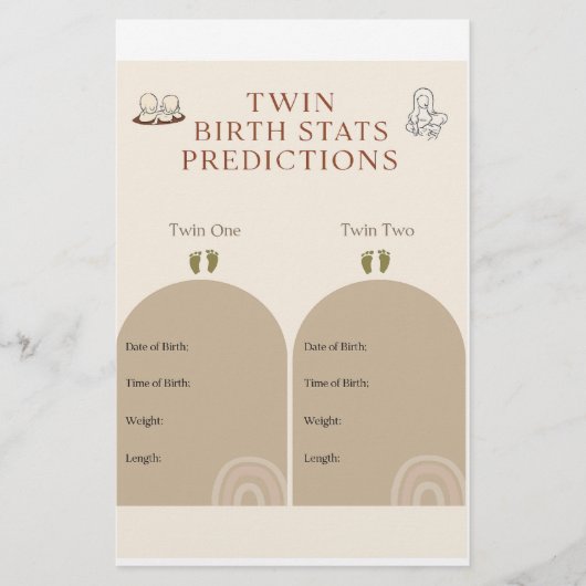 ツインベビーシャワーゲーム – 誕生統計の予測Ca 便箋 (正面)