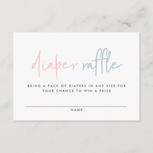 ツインベビーシャワーピンクの青いモダンおむつラッフル エンクロージャーカード (正面)