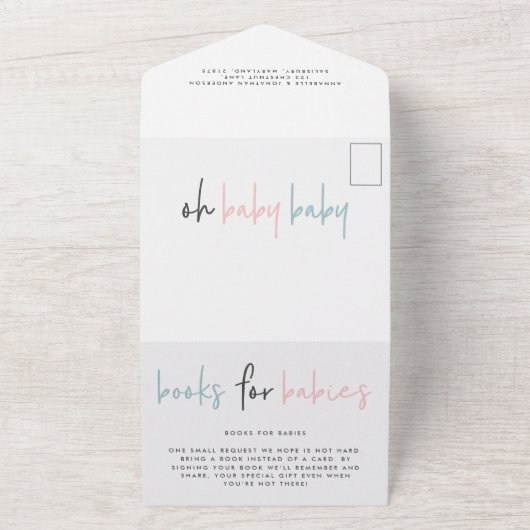 ツインベビーシャワーピンクブルーモダンタイポグラフィすべて オールインワン招待状 (外側)