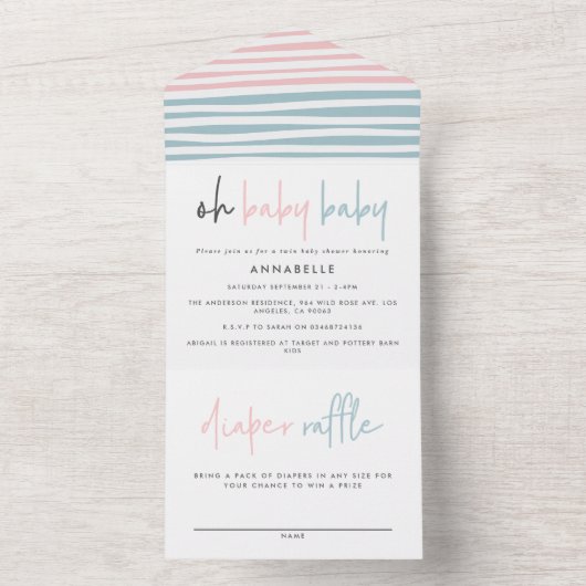 ツインベビーシャワーピンクブルーモダンタイポグラフィすべて オールインワン招待状 (内側)