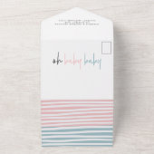 ツインベビーシャワーピンクブルーモダンタイポグラフィ オールインワン招待状 (外側)