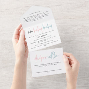 ツインベビーシャワーピンクブルーモダンタイポグラフィ オールインワン招待状