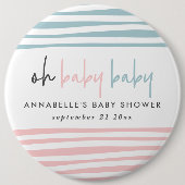 ツインベビーシャワーピンクモダンブルータイポグラフィパーティー 缶バッジ (正面)