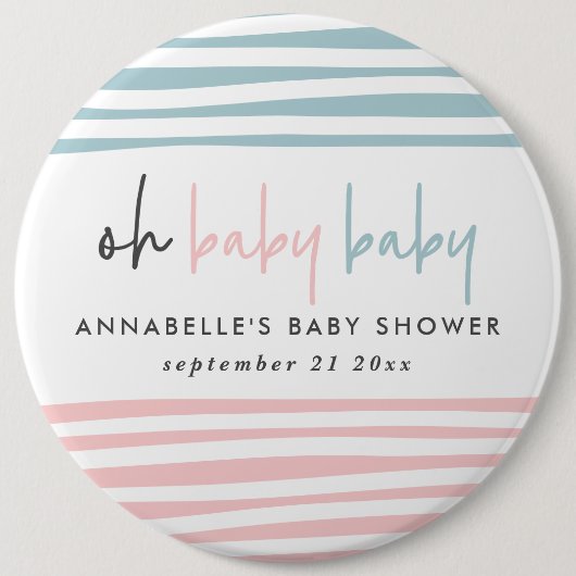 ツインベビーシャワーピンクモダンブルータイポグラフィパーティー 缶バッジ (正面)