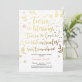 ツインベビーシャワー招待状金ゴールドピンクガールシャワー 招待状 (スタンド正面)