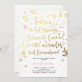 ツインベビーシャワー招待状金ゴールドピンクガールシャワー 招待状 (正面/裏面)