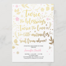 ツインベビーシャワー招待状金ゴールドピンクガールシャワー