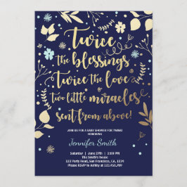 ツインベビーシャワー招待状金ゴールドブルーネイビーボーイ 招待状