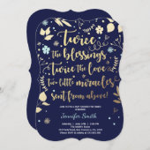 ツインベビーシャワー招待状金ゴールドブルーネイビーボーイ 招待状 (正面/裏面)