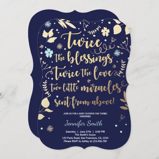 ツインベビーシャワー招待状金ゴールドブルーネイビーボーイ 招待状 (正面/裏面)