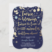 ツインベビーシャワー招待状金ゴールドブルーネイビーボーイ 招待状 (正面)