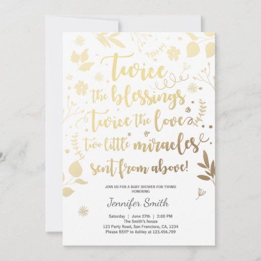 ツインベビーシャワー招待状金ゴールドホワイト恵み 招待状 (正面)