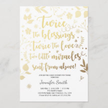 ツインベビーシャワー招待状金ゴールドホワイト恵み