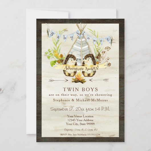 ツインベビーシャワー森林動物ティーピーヘッジホッグ 招待状 (正面)