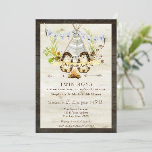 ツインベビーシャワー森林動物ティーピーヘッジホッグ 招待状 (スタンド正面)