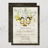 ツインベビーシャワー森林動物ティーピーヘッジホッグ 招待状 (正面/裏面)
