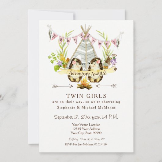 ツインベビーシャワー森林地動物ティーピーヘッジホッグ 招待状 (正面)